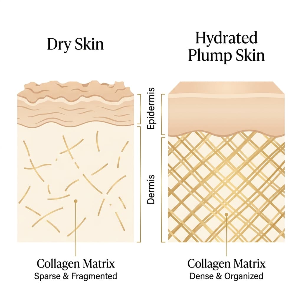 Skin cross-section diagram showing collagen and hydration before and after PDRN treatment